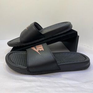 Nike Benassi JDI Slide Sandals Black Rose Gold Logo US 6 Comfort Slides